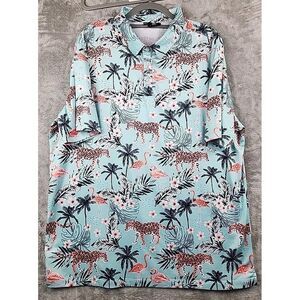 Greenside‎ Golf Polo Shirt Mens XXL Tropical Floral Leopard Hawaiian Blue